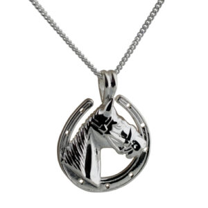 Silver 22x20mm Horse Head in Horseshoe Pendant with a 1.3mm wide curb Chain