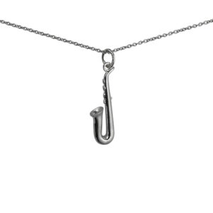 Silver 25x8mm solid Saxophone Pendant with a 1mm wide rolo Chain