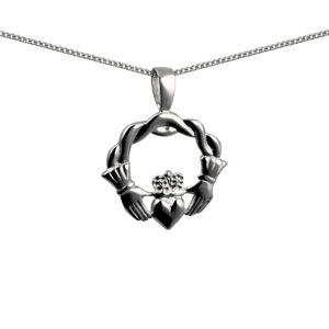 Silver 27x30mm twisted cord top Claddagh Pendant with a 1.3mm wide curb Chain