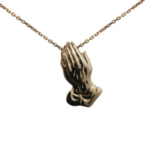 9ct Gold 25x13mm Praying Hands Pendant with a 1.2mm wide cable Chain 18 inches