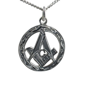 Silver 21mm hand engraved Masonic emblem in a circle with G Pendant on a 1.3mm wide curb Chain 20 inches