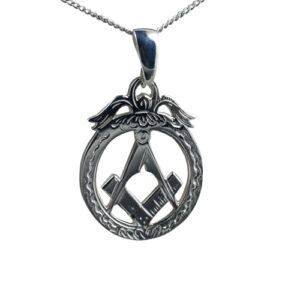 Silver 32x25mm hand engraved Masonic emblem in a circle Pendant on a bail loop with a 1.3mm wide curb Chain