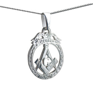 Silver 32x25mm hand engraved Masonic emblem in a circle with G Pendant on a bail loop on a 1.3mm wide curb Chain