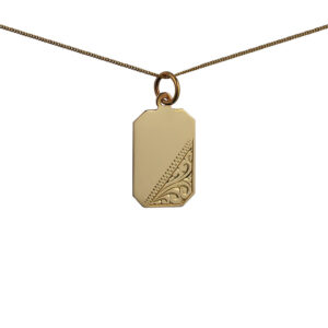 9ct Gold 18x12mm hand engraved rectangular Disc Pendant with a 0.6mm wide curb Chain