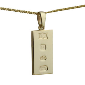 9ct Gold 30x15mm solid display hallmark Ingot 1/2oz Pendant on a bail loop with a 1.8mm wide curb Chain 22 inches