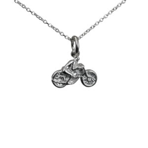 Silver 12x16mm Motorbike and Rider Pendant with a 1mm wide rolo Chain 22 inches