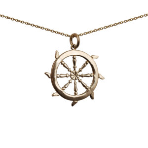 9ct Gold 17mm solid Ships Wheel Pendant with a 1.1mm wide cable Chain 18 inches