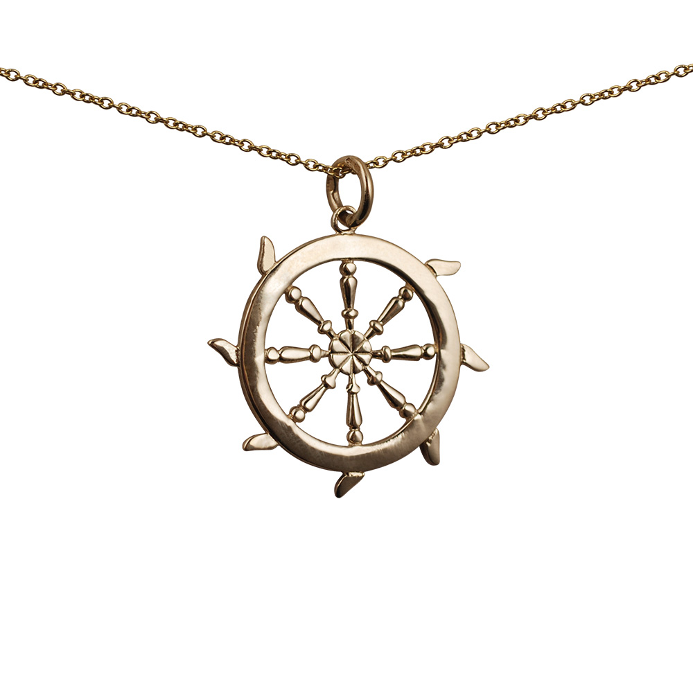 9ct Gold 17mm solid Ships Wheel Pendant with a 1.1mm wide cable Chain 18 inches