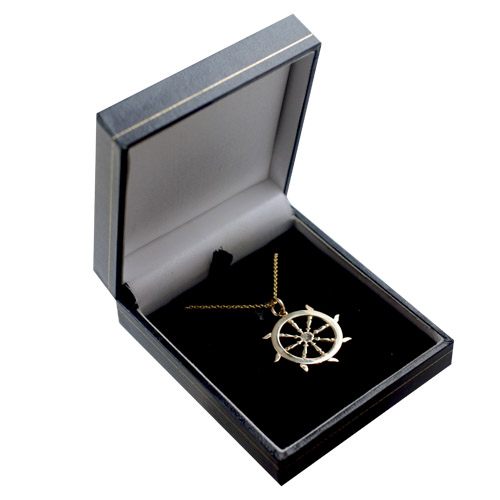 9ct Gold 17mm solid Ships Wheel Pendant with a 1.1mm wide cable Chain 18 inches - Image 3