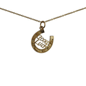 9ct Gold 16x16mm solid Horseshoe with Good Luck Pendant with a 1.1mm wide cable Chain