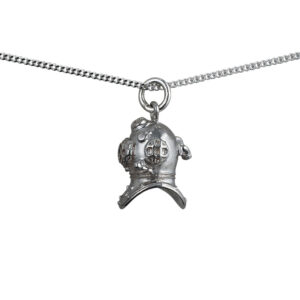 Silver 18x12mm solid Deep Sea Divers Helmet Pendant with a 1.3mm wide curb Chain 24 inches