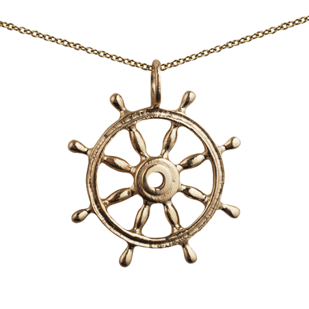 9ct Gold 28mm solid Ships Wheel Pendant with a 1.1mm wide cable Chain 16 inches Only Suitable for Children