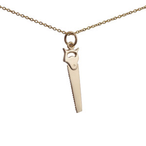 9ct Gold 25x7mm solid Hand Saw Pendant with a 1.1mm wide cable Chain