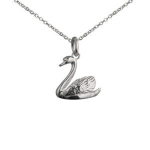 Silver 14x16mm solid Swimming Swan Pendant with a 1mm wide rolo Chain