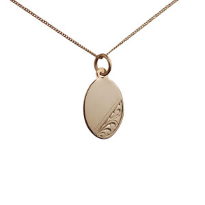 9ct Gold 16x11mm hand engraved oval Disc Pendant with a 0.6mm wide curb Chain