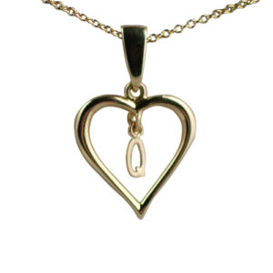 9ct Gold 18x18mm Initial Q in a Heart Pendant on a bail loop with a 1.1mm wide cable Chain