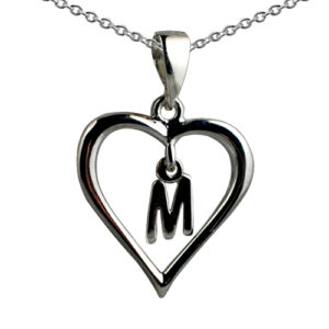 Silver 18x18mm Initial M in a Heart Pendant on a bail loop with a 1mm wide rolo Chain