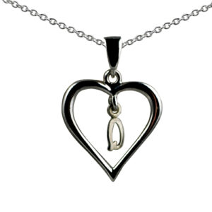 Silver 18x18mm Initial Q in a Heart Pendant on a bail loop with a 1mm wide rolo Chain