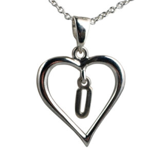 Silver 18x18mm Initial U in a Heart Pendant on a bail loop with a 1mm wide rolo Chain