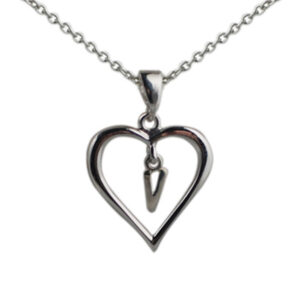 Silver 18x18mm Initial V in a Heart Pendant on a bail loop with a 1mm wide rolo Chain
