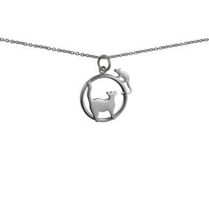 Silver 20x17mm Cat looking right and Mouse in a circle Pendant with a 1mm wide rolo Chain
