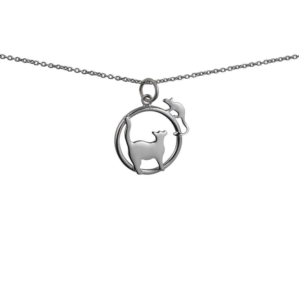 Silver 20x17mm Cat looking right and Mouse in a circle Pendant with a 1mm wide rolo Chain