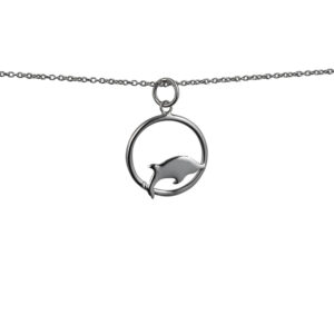 Silver 18x18mm Dolphin jumping-the right in a circle Pendant with a 1mm wide rolo Chain