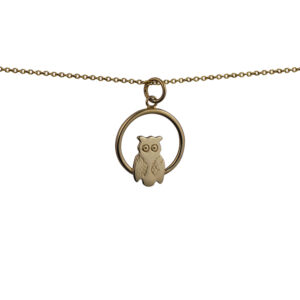 9ct Gold 18x19mm Owl in a circle Pendant with a 1.1mm wide cable Chain