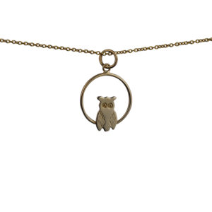 9ct Gold 18x19mm Owl in a circle Pendant with a 1.1mm wide cable Chain