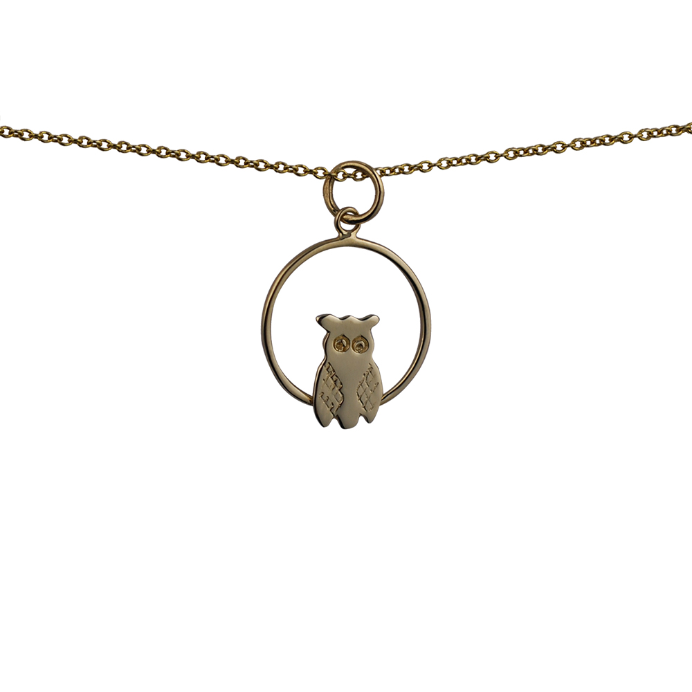 9ct Gold 18x19mm Owl in a circle Pendant with a 1.1mm wide cable Chain 16 inches Only Suitable for Children