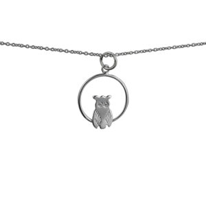Silver 18x19mm Owl in a circle Pendant with a 1mm wide rolo Chain
