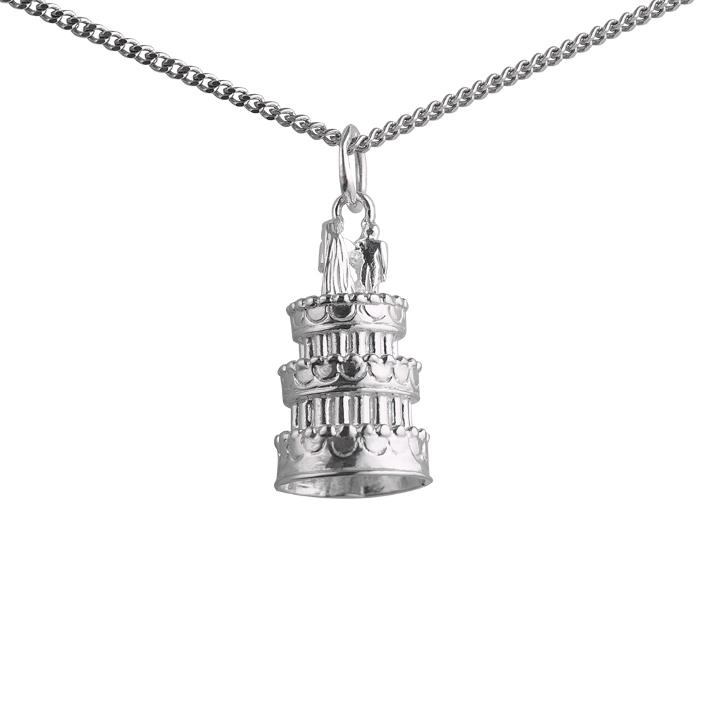Silver 11x19mm 3 tier Wedding Cake Pendant with a 1.3mm wide curb Chain 20 inches - Image 2