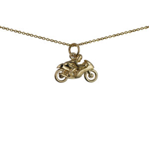 9ct Gold 20x14mm Motorbike and Rider Pendant with a 1.1mm wide cable Chain