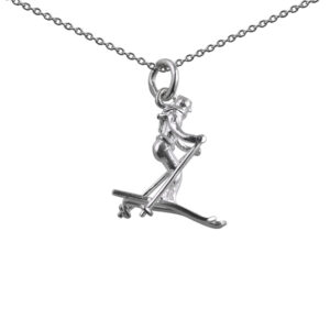 Silver 22x18mm Skier Pendant with a 1mm wide rolo Chain