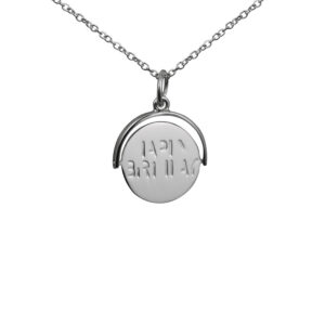 Silver 15x16mm round Happy Birthday spinning Disc Pendant with a 1mm wide rolo Chain