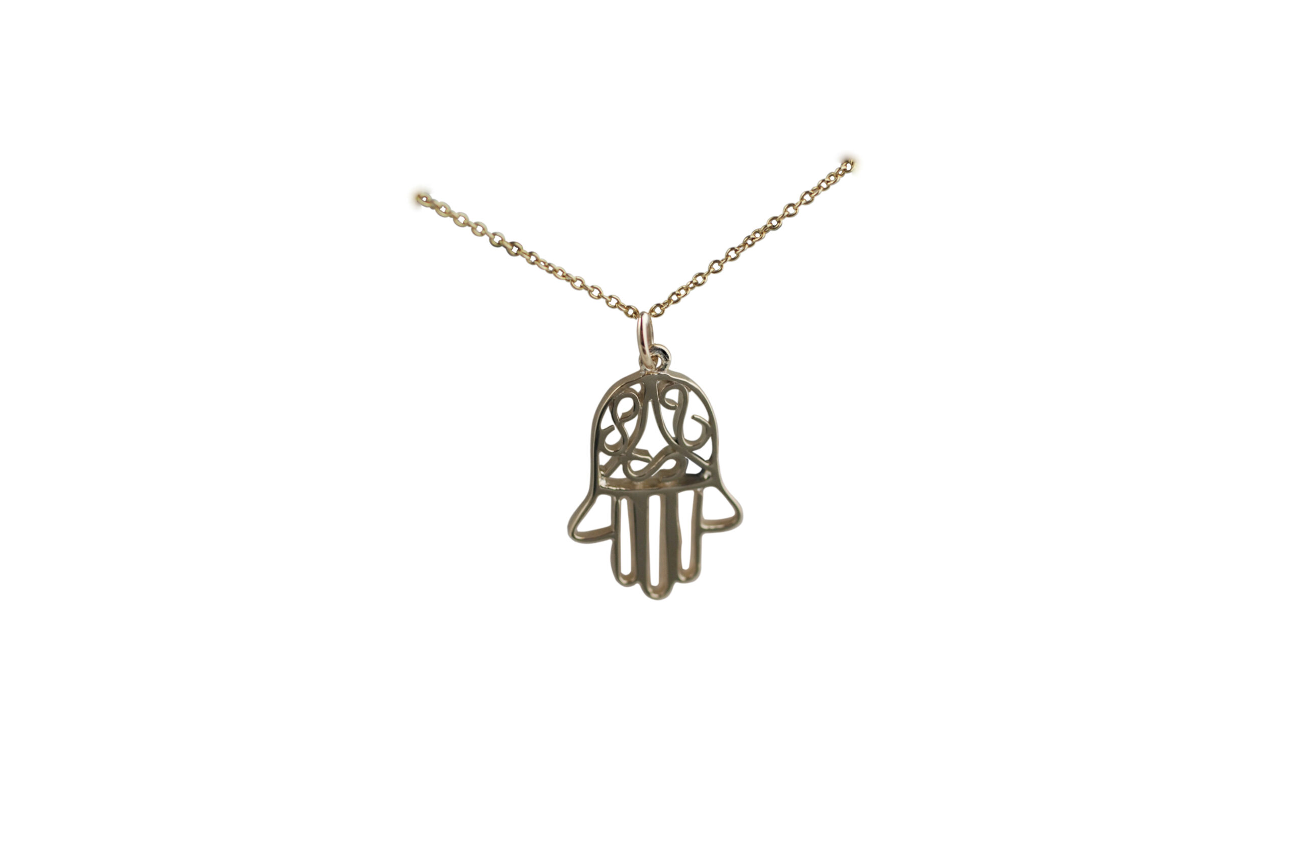 9ct Gold 24x12mm Hand of Fatima Pendant with a 1.1mm wide cable Chain 16 inches