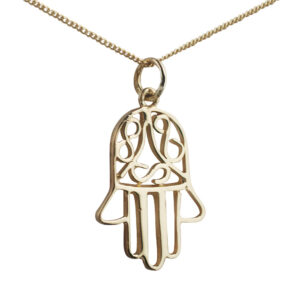 18ct Gold 24x12mm Hand of Fatima Pendant with a 1mm wide curb Chain