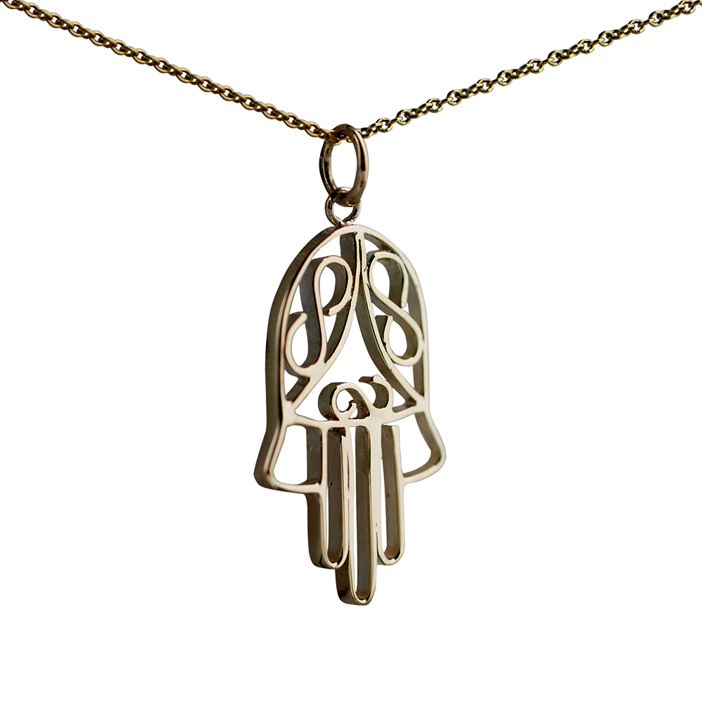 9ct Gold 29x18mm Hand of Fatima Pendant with a 1.1mm wide cable Chain 18 inches