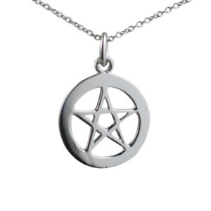 Silver 19mm plain Pentangle in circle Pendant with a 1mm wide rolo Chain