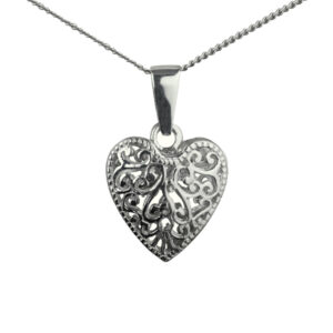 Silver 20mm double sided filigree heart on a bail loop with a 1.3mm wide curb Chain 22 inches