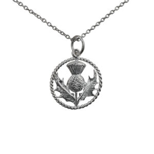Silver 17mm Scottish Thistle Pendant with a twisted wire surround in a circle with a 1mm wide rolo Chain