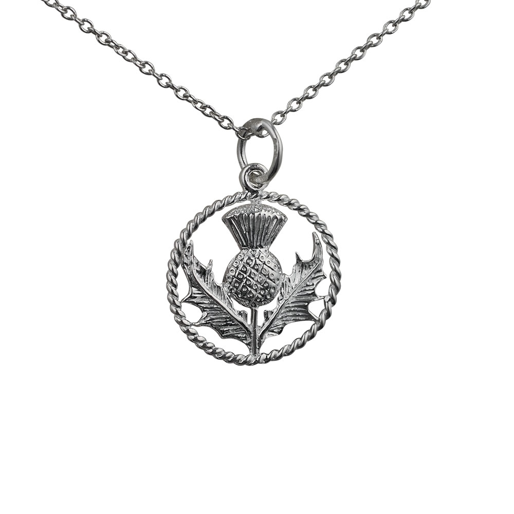 Silver 17mm Scottish Thistle Pendant with a twisted wire surround in a circle with a 1mm wide rolo Chain