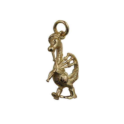 9ct Gold 27x15mm Nessie with Bagpipes Pendant with a 0.6mm wide curb Chain 16 inches Only Suitable for Children