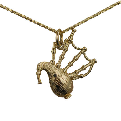 9ct Gold 26x19mm moveable Bagpipes Pendant with a 1.1mm wide spiga Chain 18 inches