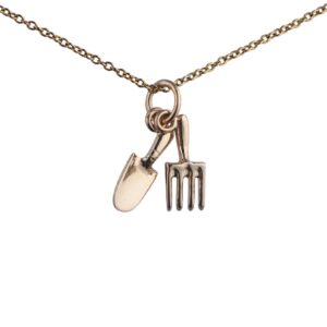 9ct Gold 13x5mm Gardners Fork and Trowel Pendant with a 1.1mm wide cable Chain