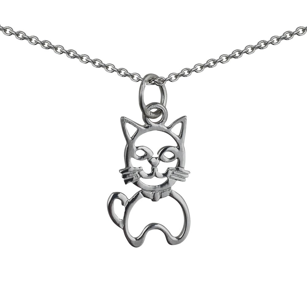 Silver 17x12mm pierced sitting Cat Pendant with a 1mm wide rolo Chain 22 inches