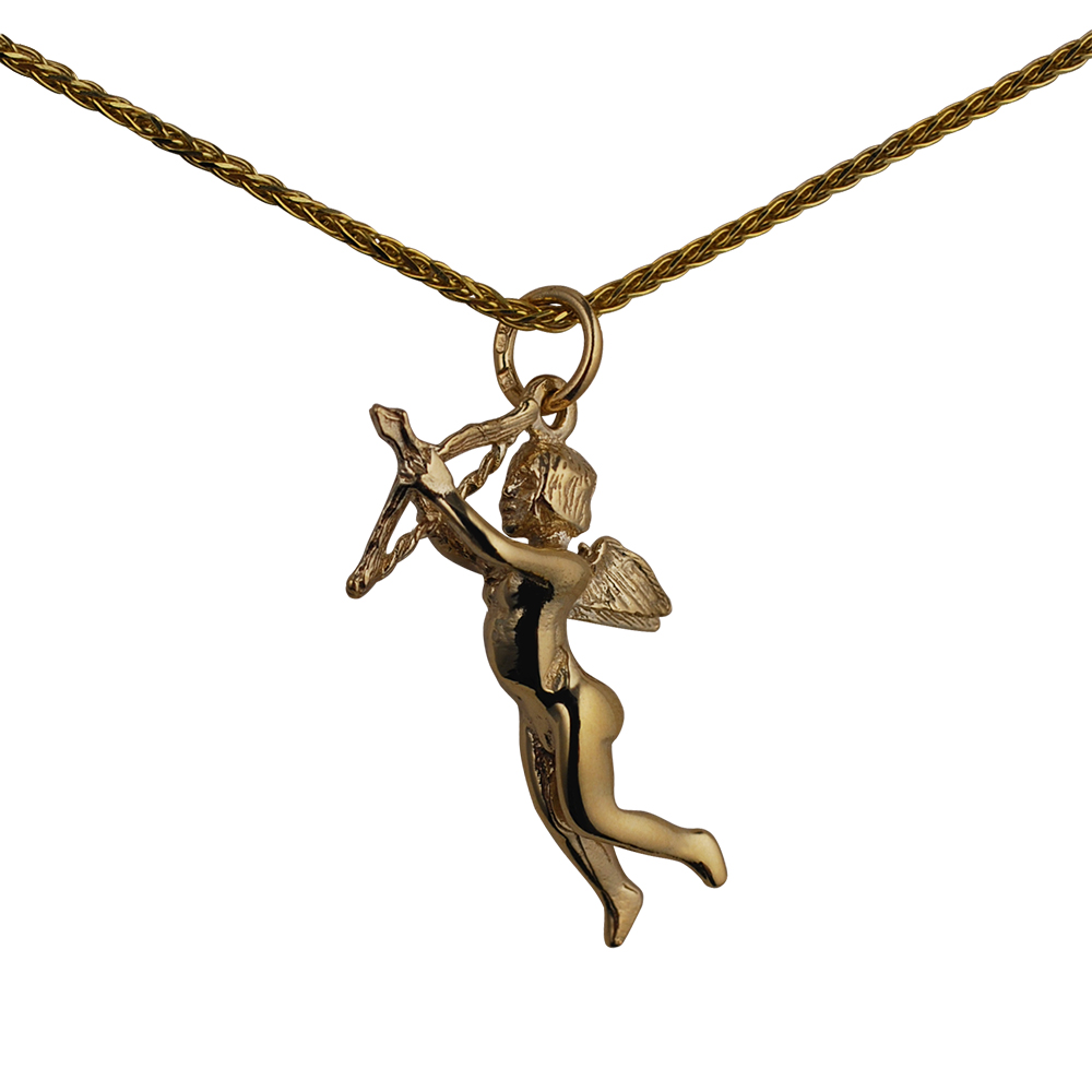 9ct Gold 29x15mm solid Cupid Pendant with a 1.1mm wide spiga Chain 20 inches