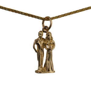 9ct Gold 19x10mm solid Bride and Groom Pendant with a 1.1mm wide spiga Chain 24 inches