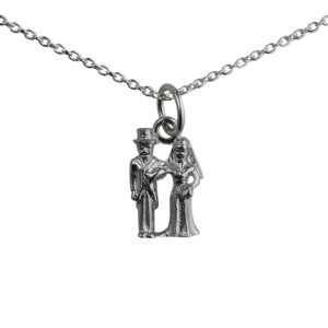 Silver 13x9mm solid Bride and Groom Pendant with a 1mm wide rolo Chain
