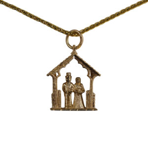 9ct Gold 23x16mm Bride and Groom in Lychgate Pendant with a 1.1mm wide spiga Chain 22 inches